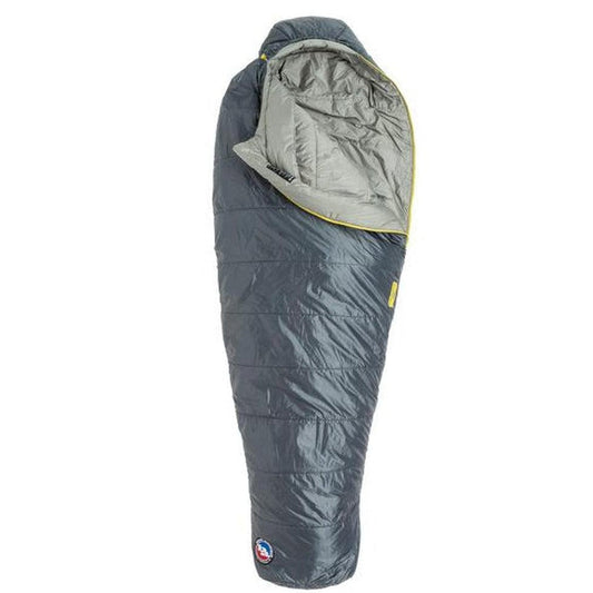 A charcoal Big Agnes Anthracite 30F sleeping bag with a gray interior and yellow zipper, displayed against a white background.