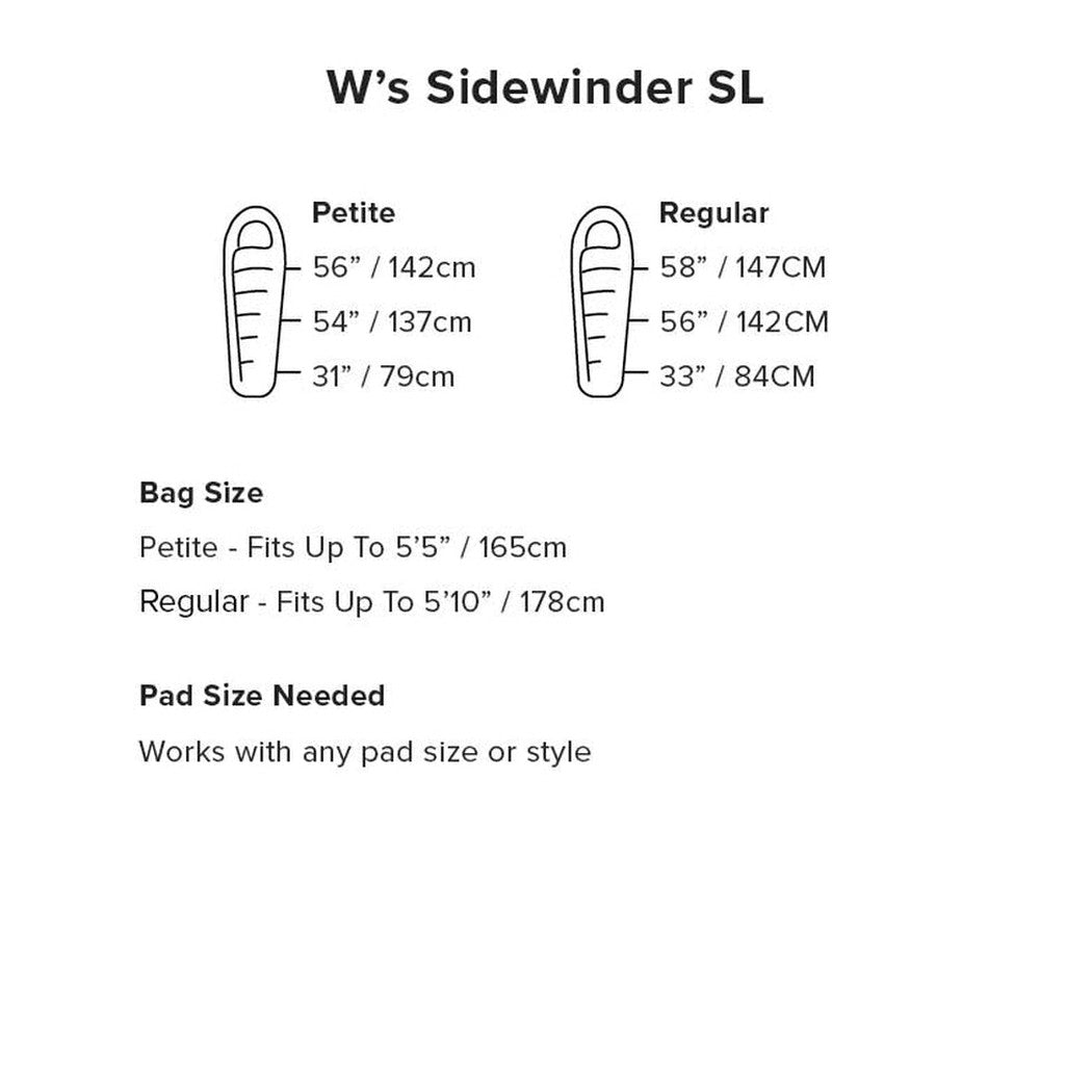 The image shows a size chart for the Big Agnes Women's Sidewinder SL 20 sleeping bag with petite and regular size measurements and bag size info.