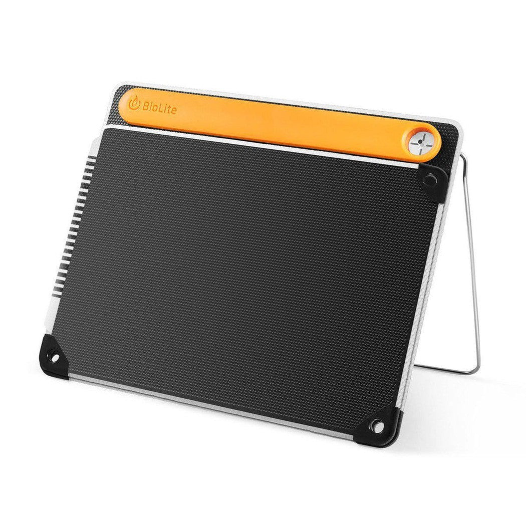 A front view of the BioLite SolarPanel 10+ with its orange top bar and charcoal front panel against a white background.