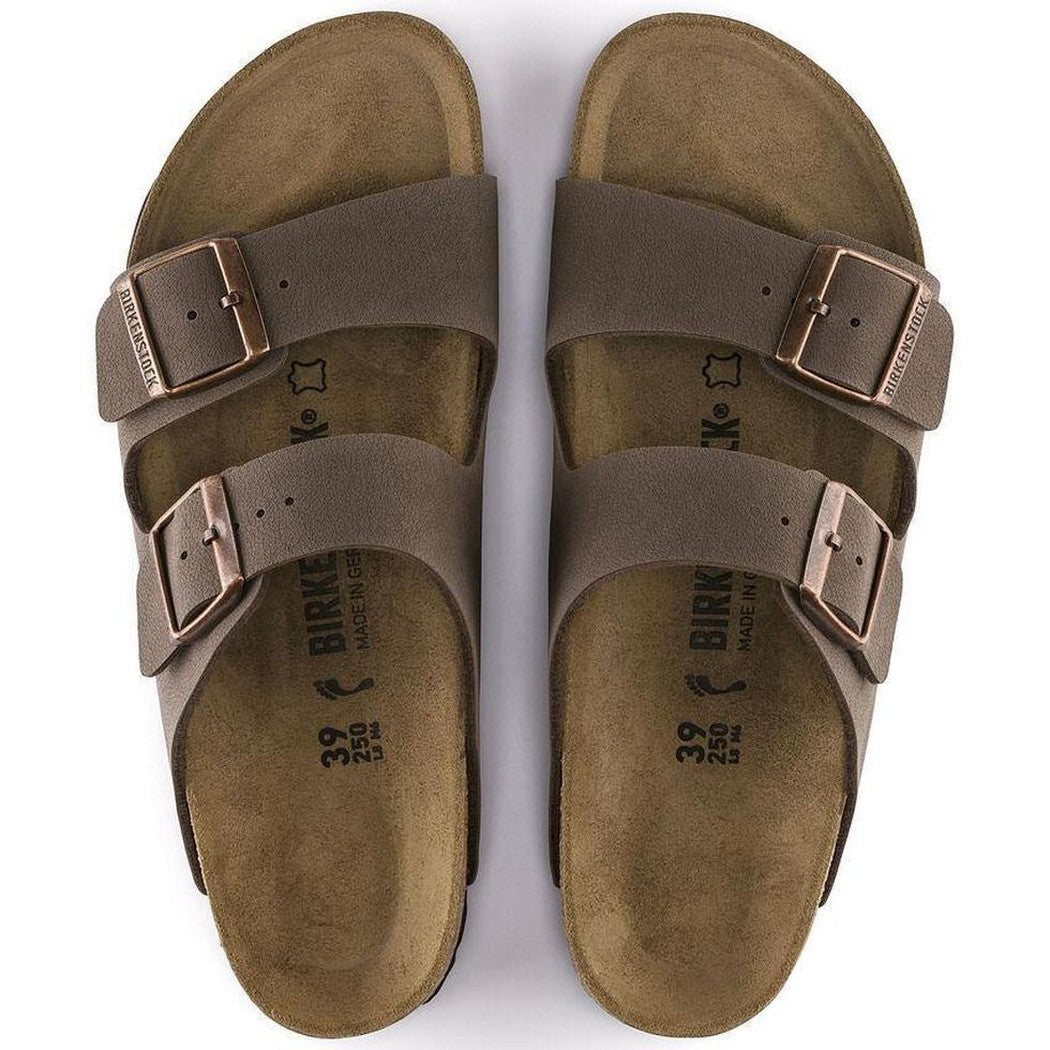 Top view of the Birkenstock Arizona Birkibuc in Mocha showing the two buckles and white background.