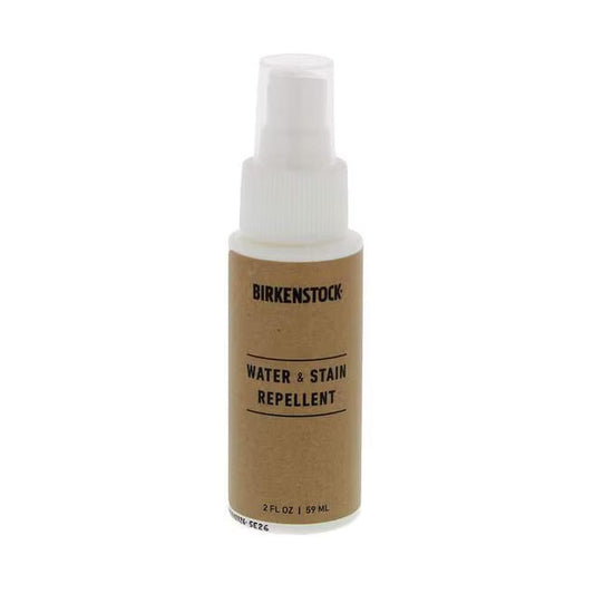 A front view of a Birkenstock Water & Stain Repellent spray bottle with a brown label against a white background.