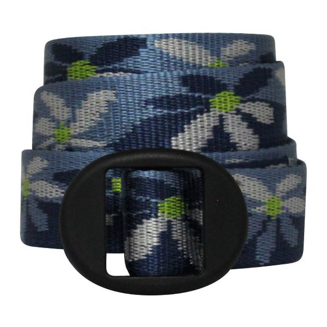 Ellipse Pattern Belt showing the black buckle and blue floral pattern against a white background.