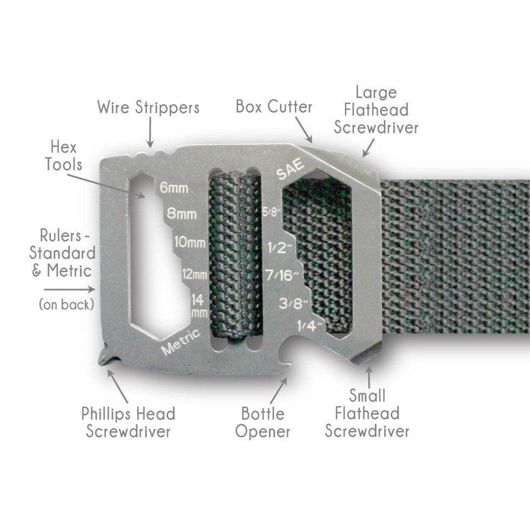 A close-up of the Bison 38mm – Kool Tool Buckle in Black showing its multi-tool buckle and textured strap against a white background.