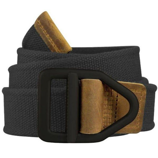 A close-up of the Bison 38mm – Weekender Black Buckle belt with a black buckle and tan accents, shown against a white background.