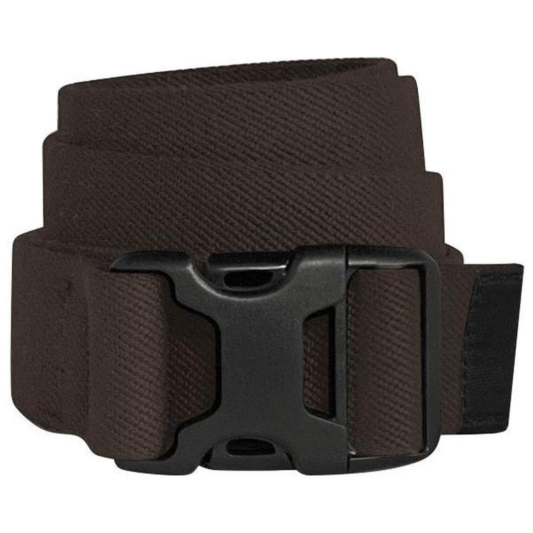 A close-up of the Bison 38mm XLITE Stretch black belt with a black buckle against a white background.
