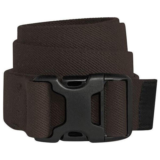 A close-up of the Bison 38mm XLITE Stretch black belt with a black buckle against a white background.