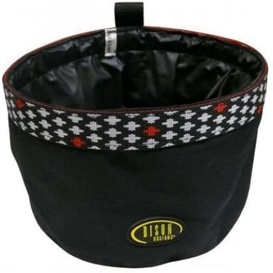 A black Bison Mess a Round pet bowl with a patterned trim and yellow logo, photographed from the front.