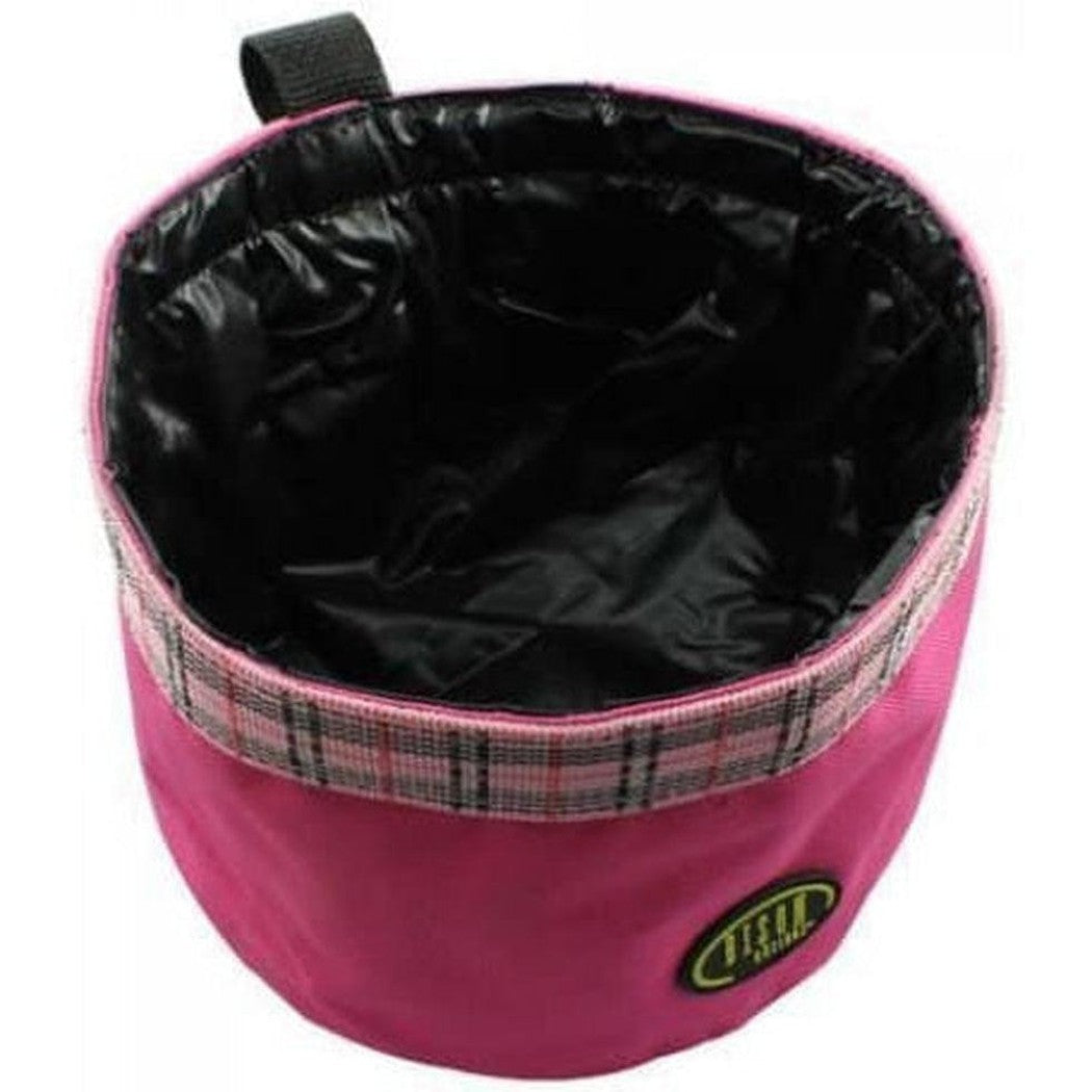A top-down view of the pink Bison Mess a Round pet bowl with a black interior and plaid trim.