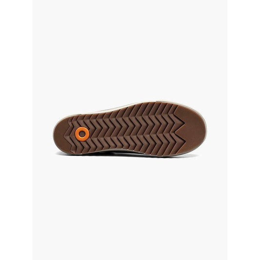 The sole of the Bogs Footwear Men's Kicker Rain Chelsea II in Gray is shown from below with a chevron tread pattern and an orange accent against a white background.