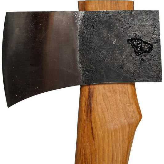 A close-up of the Brant & Cochran Allagash Cruiser Maine Wedge Camp Axe showing the charcoal-colored metal head and wooden handle.