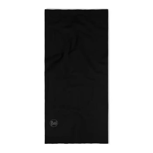 A black Buff Merino Midweight bandana with the logo on the bottom left, photographed against a white background.