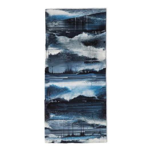 A blue Buff Original EcoStretch - Oser bandana with a cloudy, abstract design hangs vertically against a white background.