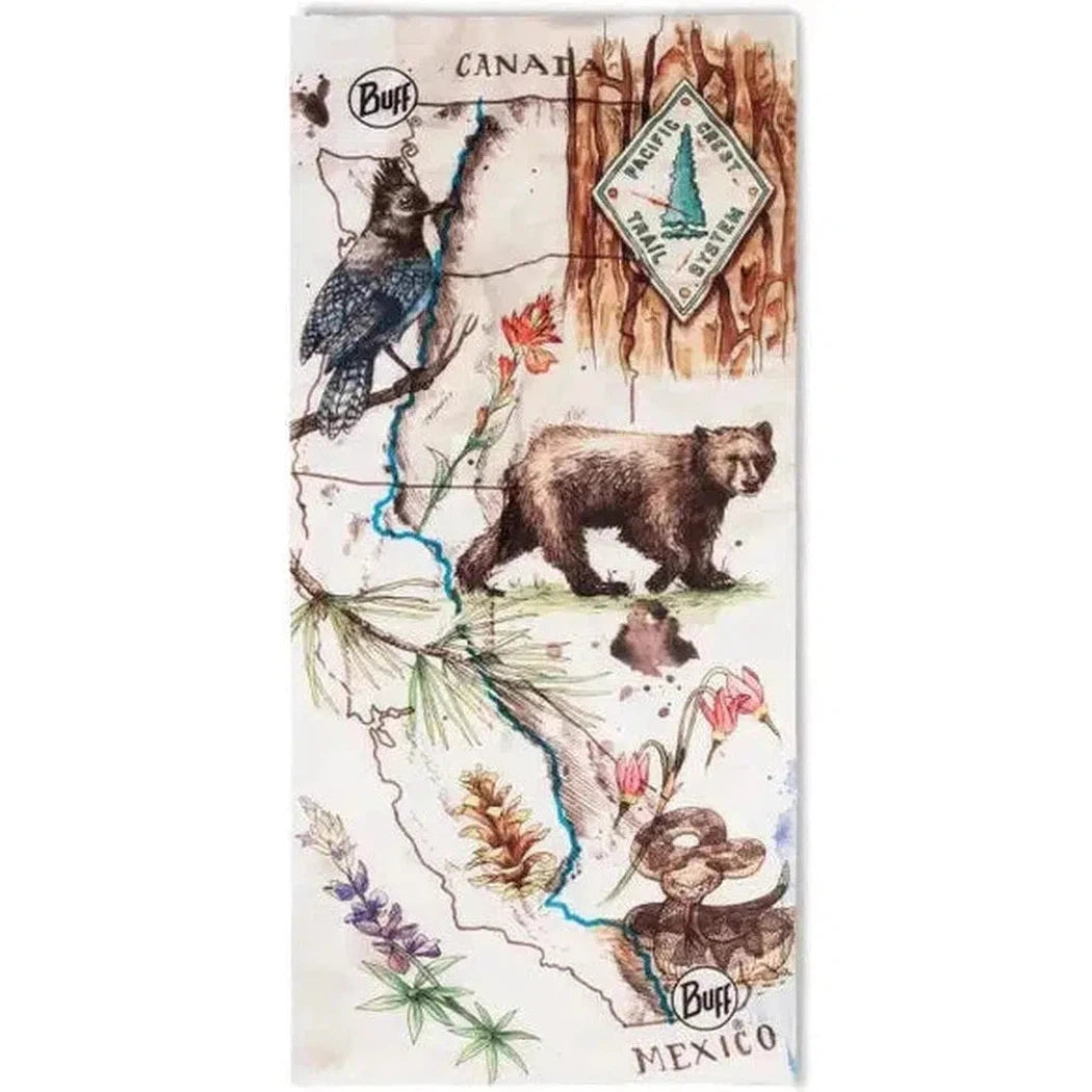 A multi-colored Buff Original Ecostretch Pacific Crest Trail bandana features a map design with a bear, bird, and flowers.