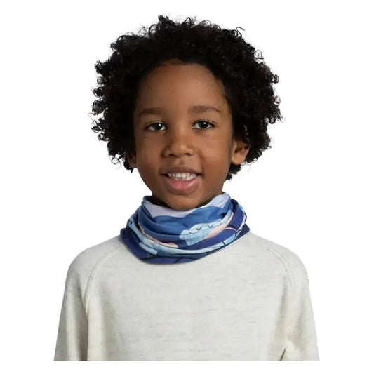 A front view of the Blue Buff Pow Original Ecostretch - Pow Riam bandana on a child wearing a light gray shirt against a white background.