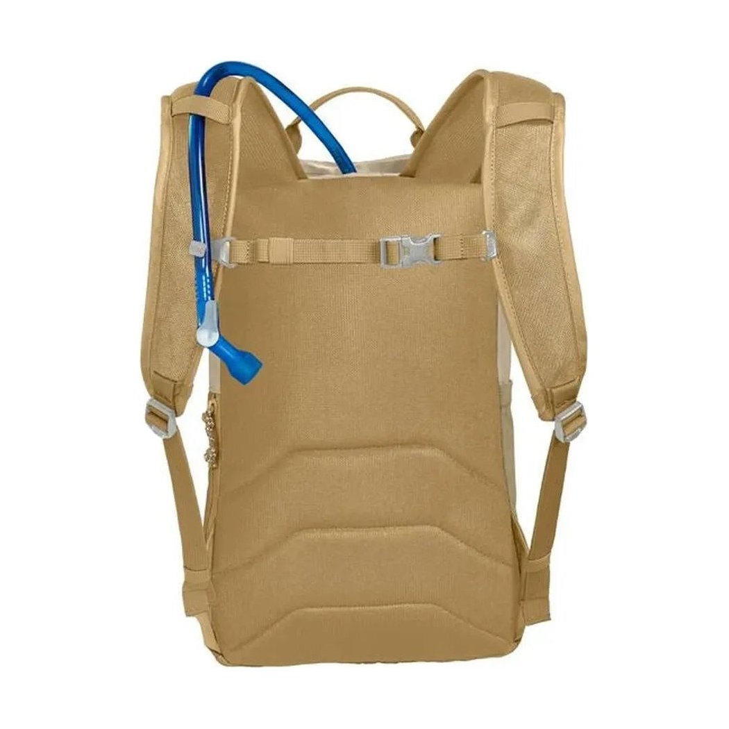 Back view of the CamelBak Arete 14 1.5L hydration pack in Black with a blue tube visible, against a white background.