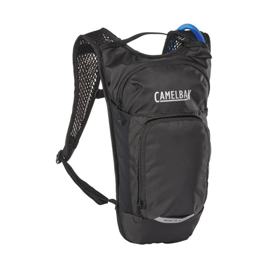 A front view of the black CamelBak Mini Mule 1.5L hydration pack with mesh shoulder straps and a blue tube visible at the top.