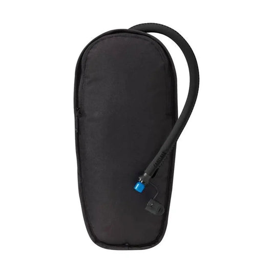 Black CamelBak Stoaway 2L Insulated Reservoir with a blue bite valve and flexible tube, shown from the front against a white background.