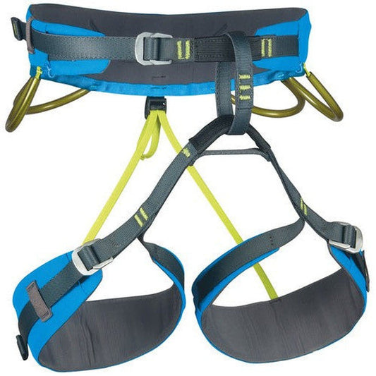 Side view of the CAMP Energy CR 3 climbing harness in Light Blue showing the padded leg loops and metal carabiner loops against a white background.