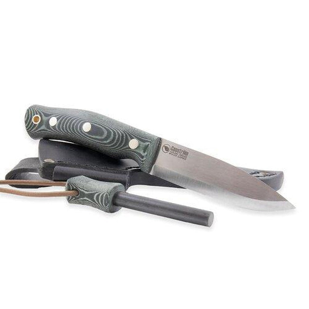 A side view of the Casstrom No.10 Swedish Forest Knife in Green micarta with fire steel against a white background.