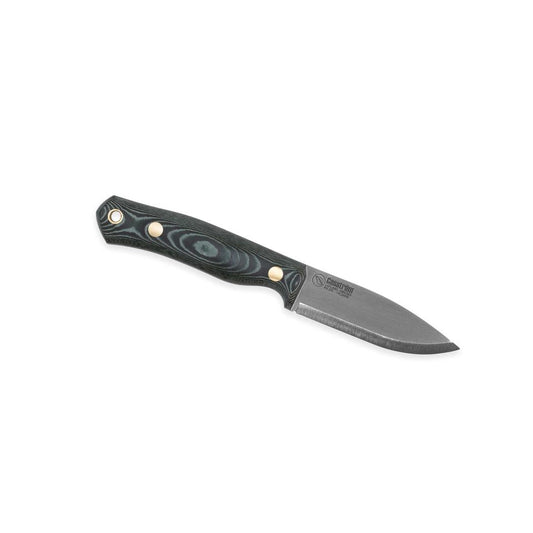 A side view of the Casstrom No 8 Swedish Forest Knife Green Micarta with Firesteel against a white background.
