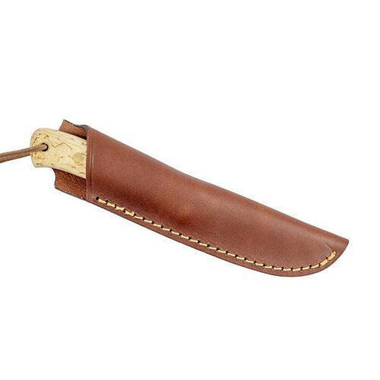 A brown leather sheath for the Casstrom Woodsman, Curly Birch, Sleipner knife, shown from a side angle with visible stitching and a white background.