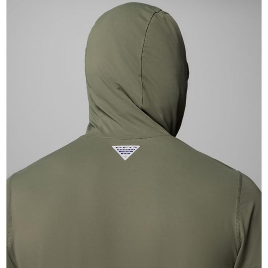 Back view of the Columbia Sportswear Men's Shoaltech Hoodie in Cypress showing the hood and a small tag on the back against a plain gray background.