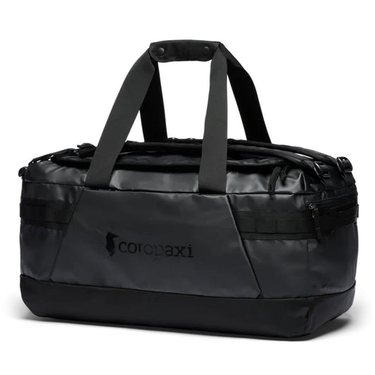 A front view of the Cotopaxi Allpa Getaway 55L Duffel in Cotopaxi Black with dual handles and a zippered pocket.