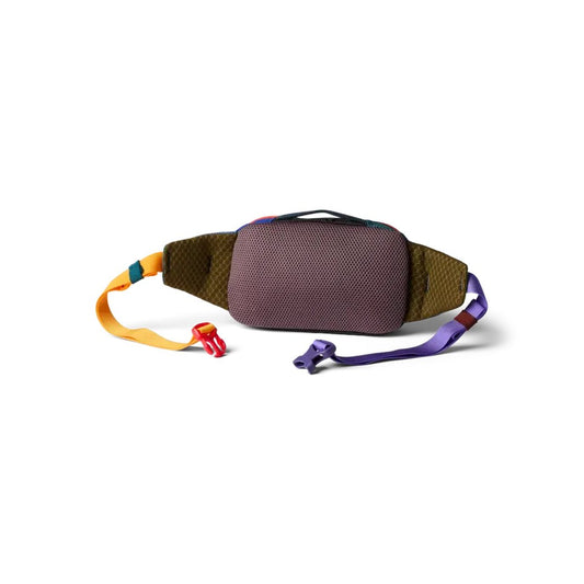 Side view of the Cotopaxi Allpa X 1.5L Hip Pack - Del Dia with colorful straps and a white background.