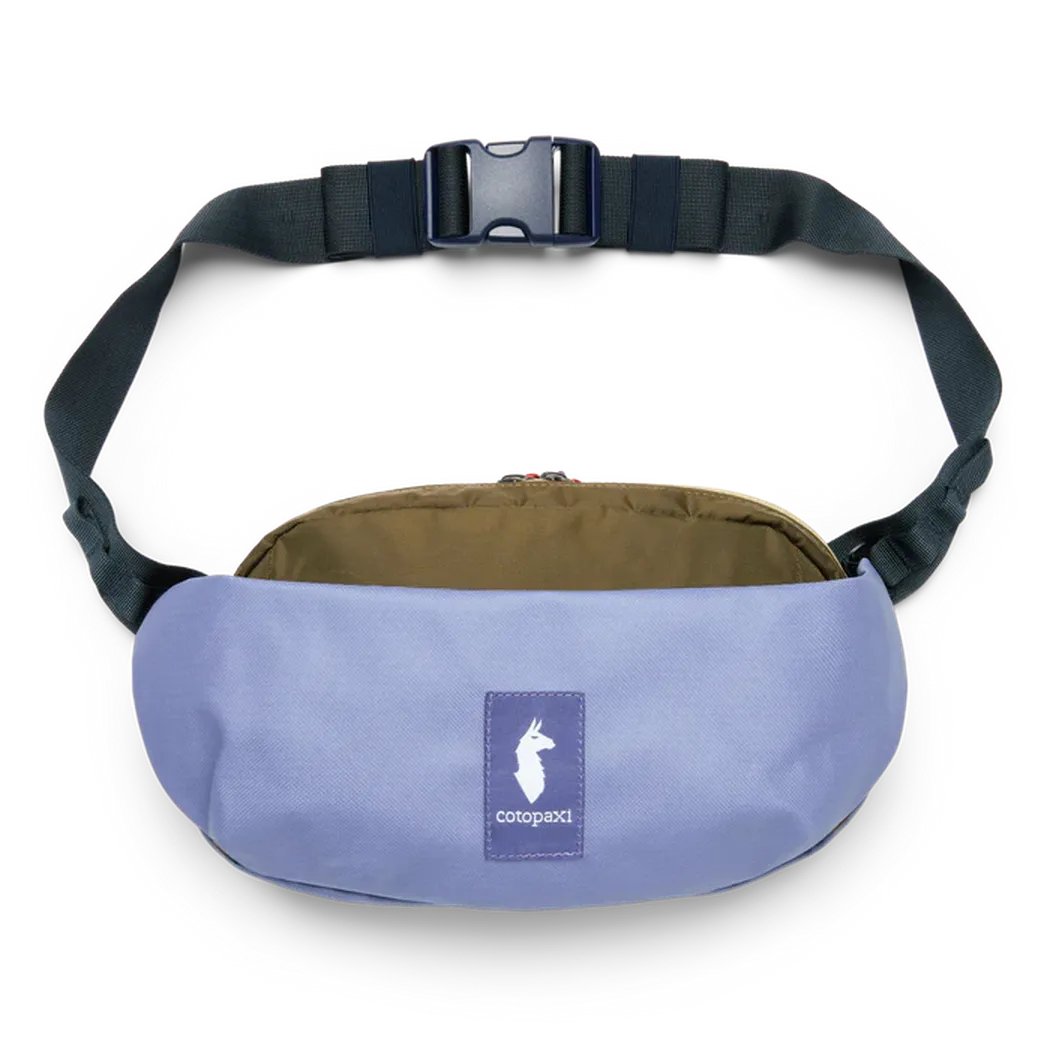 A front view of the Cotopaxi Coso 2L Hip Pack in Abyss/Coastal color with a black adjustable strap and a logo patch on the front.