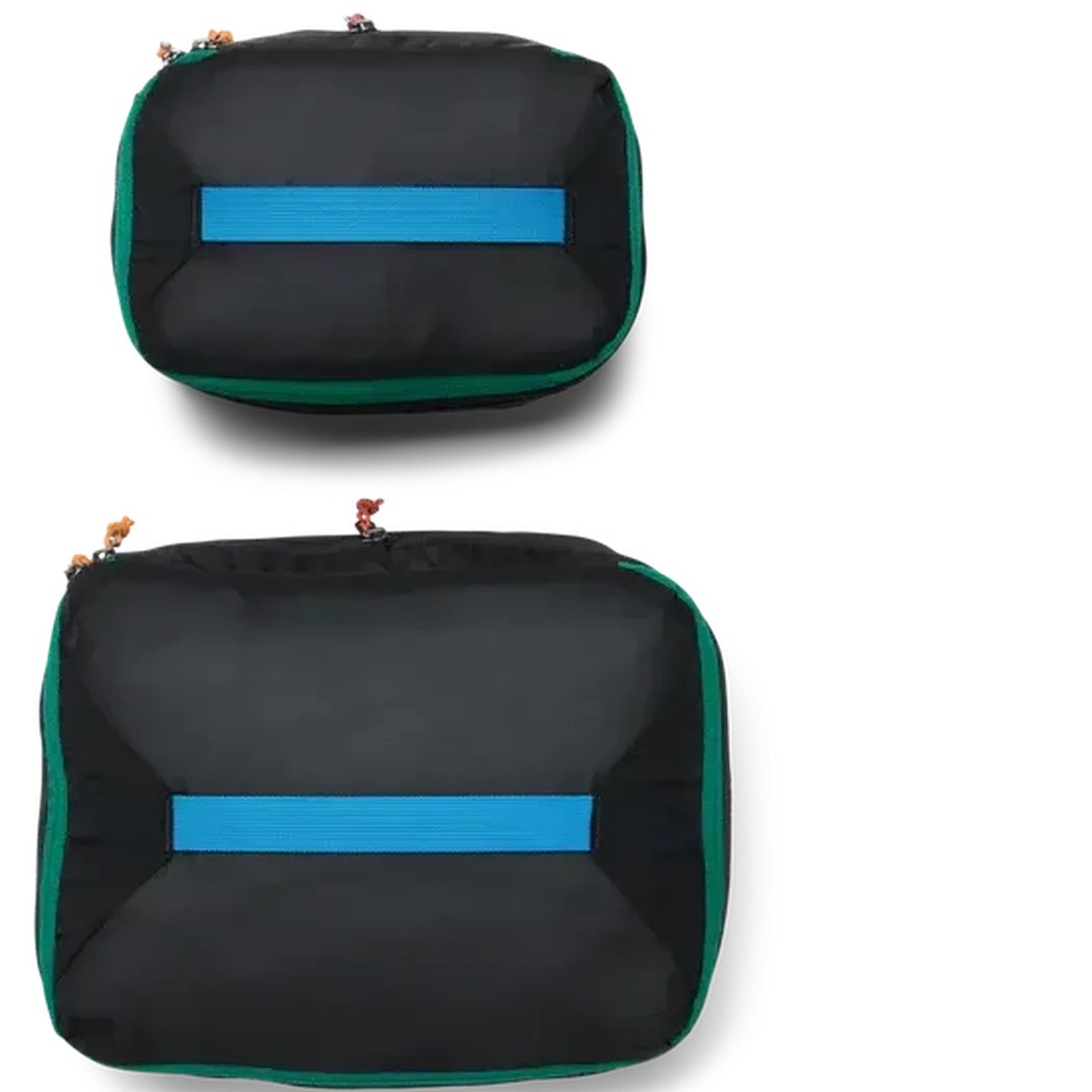 Two black Cotopaxi Cubo Expandable Packing Cube Set bags with blue accents stacked vertically against a white background.