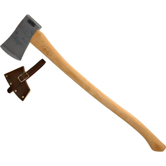 A 28" handle Council Tool Co. Velvicut Premium Bad Axe Boy's Axe 2.25lbs with a charcoal blade and leather sheath displayed against a white background.