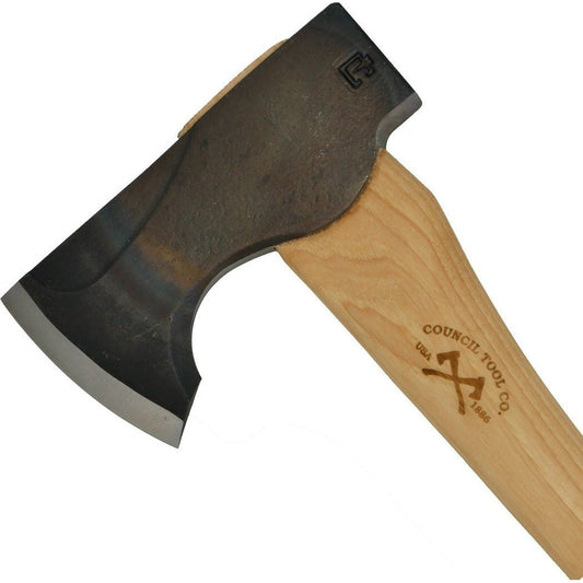 A side view of the Council Tool Co. Wood-Craft Pack Axe 2lbs, 24" Handle with a light wood handle and dark metal head against a white background.