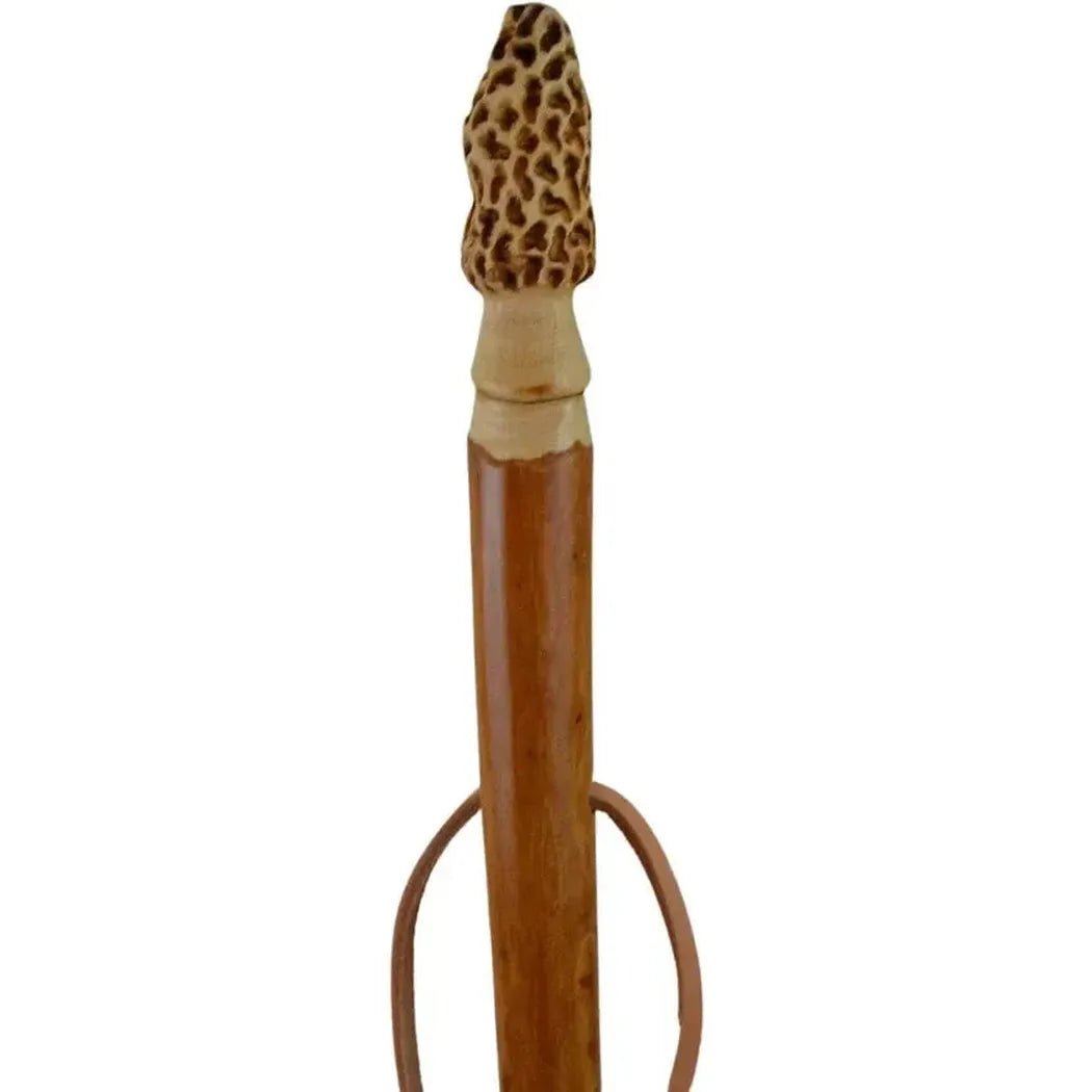 A top-down view of the Creation Carvings Walking Stick with Morel Mushroom Carving against a white background.