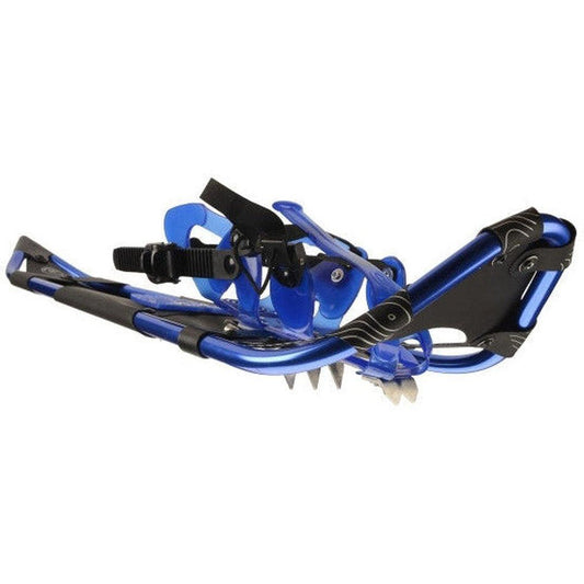 Blue Crescent Moon Gold 15 snowshoes with black straps and metal crampons, shown from a side angle against a white background.
