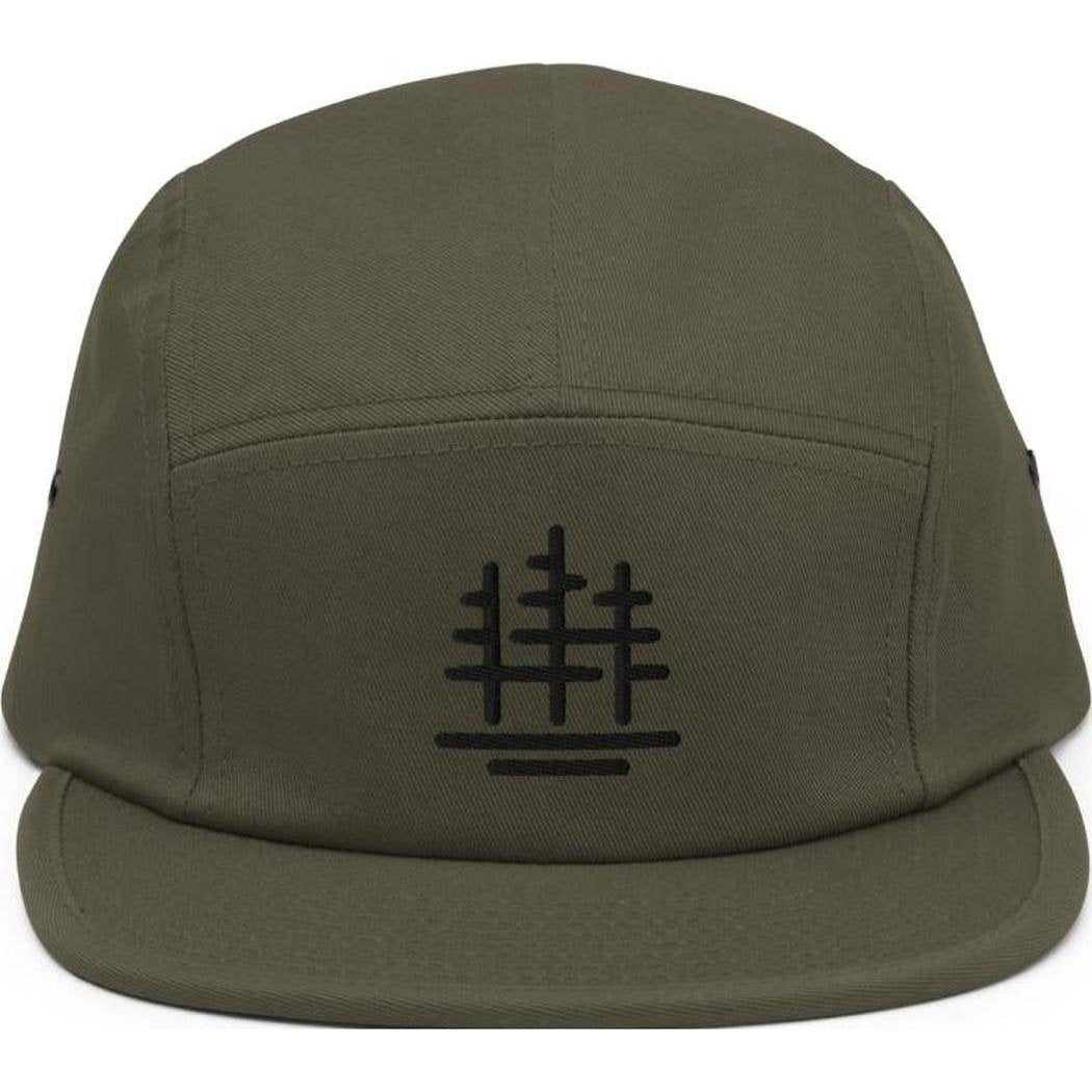 A front view of the Cuyahoga Valley Clothing Company Tree Logo 5 Panel Cap in Black with a black tree logo on the front panel.
