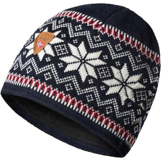 A top-down view of the Dale Of Norway Garmisch Hat in Navy Offwhite Red showing the snowflake pattern and leather tag.