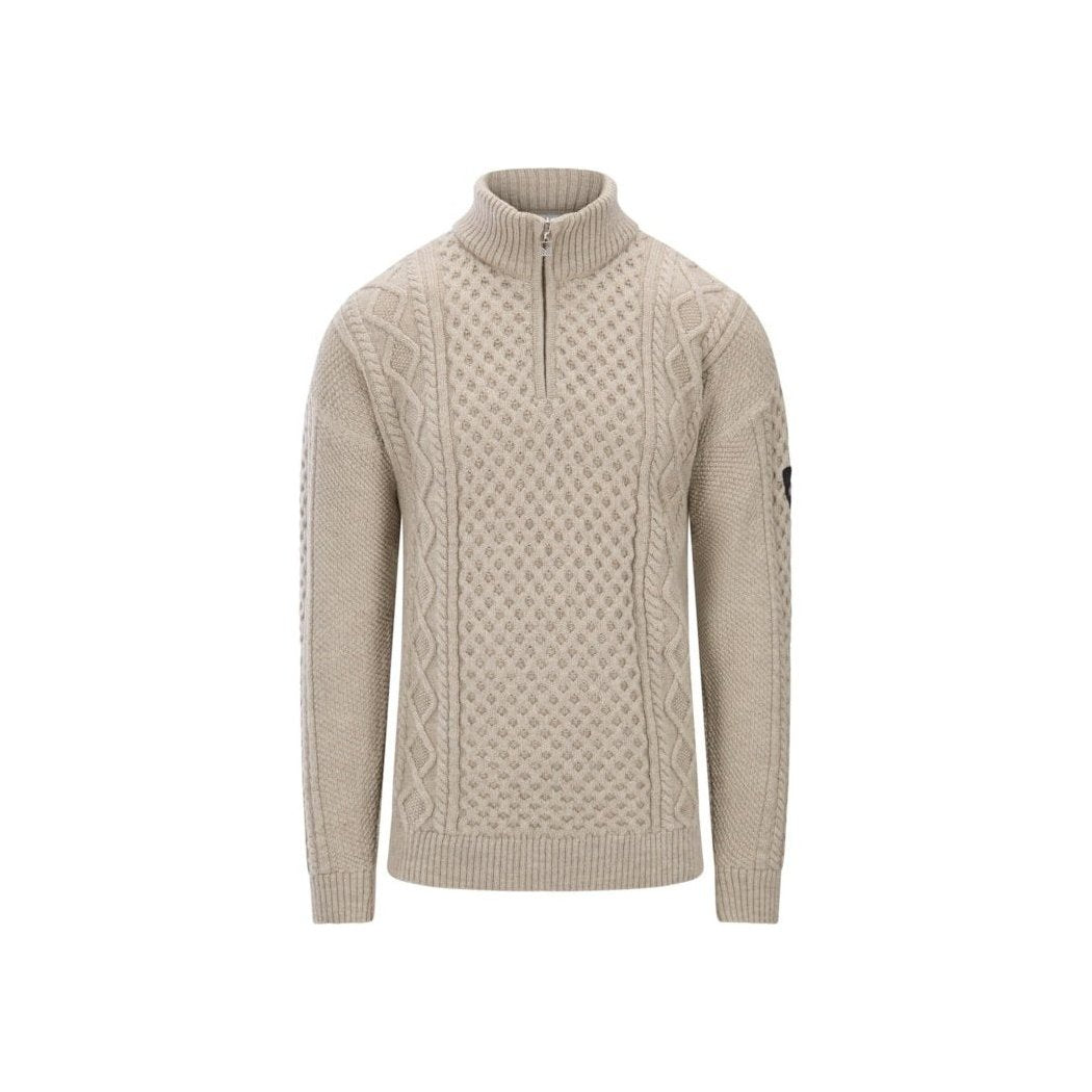 A front view of the Dale Of Norway Jordalen Masc. Sweater-SAMPLE in Sand Melange with a half-zip and textured pattern against a white background.