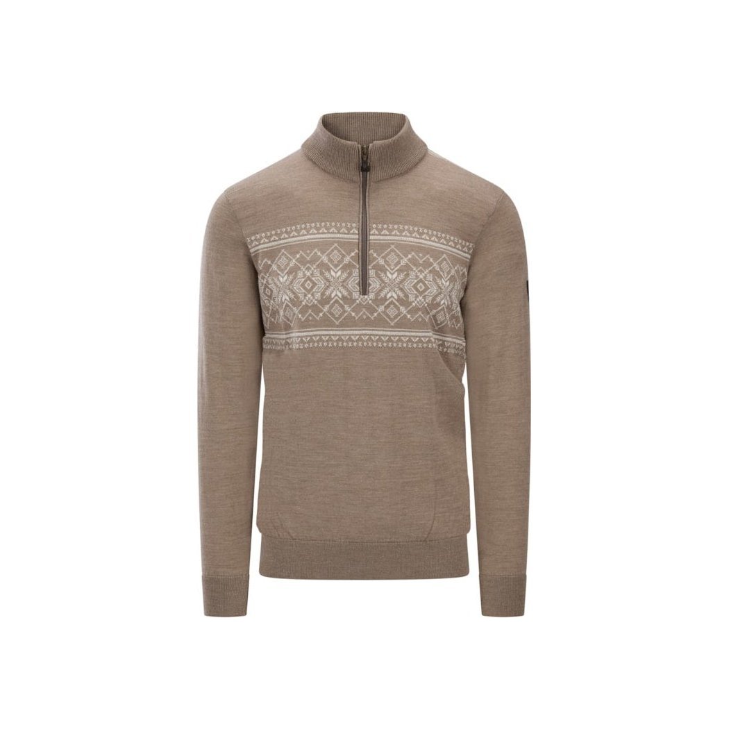 A front view of the Dale Of Norway Liaset Masc. Sweater-SAMPLE in MtnStneOffWht with a half-zip and patterned chest panel against a white background.