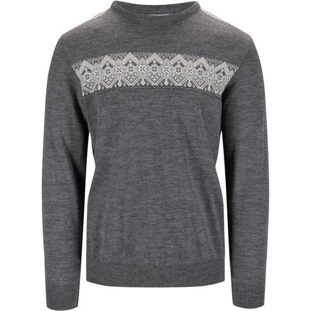 A front view of the Dale Of Norway Men's Stenberg Sweater in Smoke Offwhite Charcoal showing the patterned chest panel against a white background.