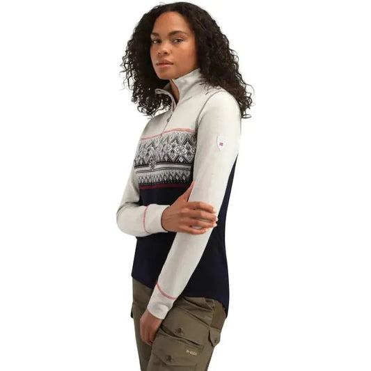Side view of the Dale Of Norway Women's Moritz Basic Sweater in Navy White Raspberry showing the patterned chest and white collar against a white background.
