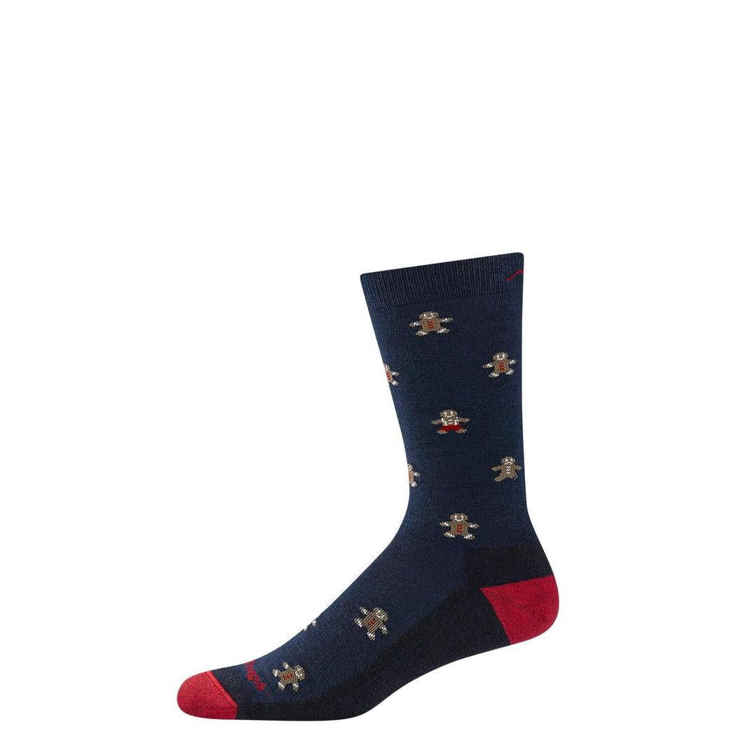 Side view of the Darn Tough Men's Oh Snap Lightweight with Cushion socks in Eclipse color, showing the pattern and red toe and heel against a white background.
