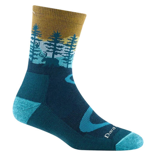 Side view of the Darn Tough Northwoods Micro Crew Midweight with Cushion in Earth showing the forest graphic on the cuff against a white background.