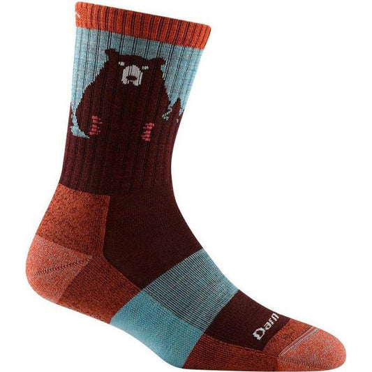 Side view of the Darn Tough Women's Bear Town Micro Crew Lightweight with Cushion socks in Aqua showing the bear graphic and white background.