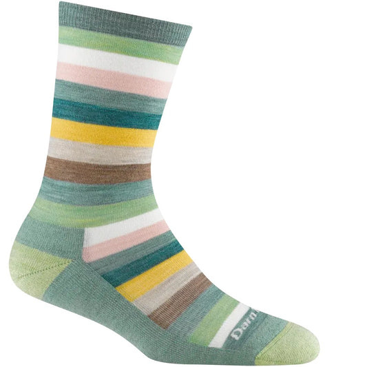 Side view of the Darn Tough Women's Mystic Stripe Crew Lightweight Lifestyle Sock in Ash showing the colorful stripes and toe against a white background.