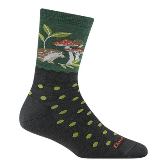 Side view of the Darn Tough Women's Wild Life Crew Lightweight with Cushion socks in Forest showing the hedgehog and mushroom design on the top cuff against a white background.