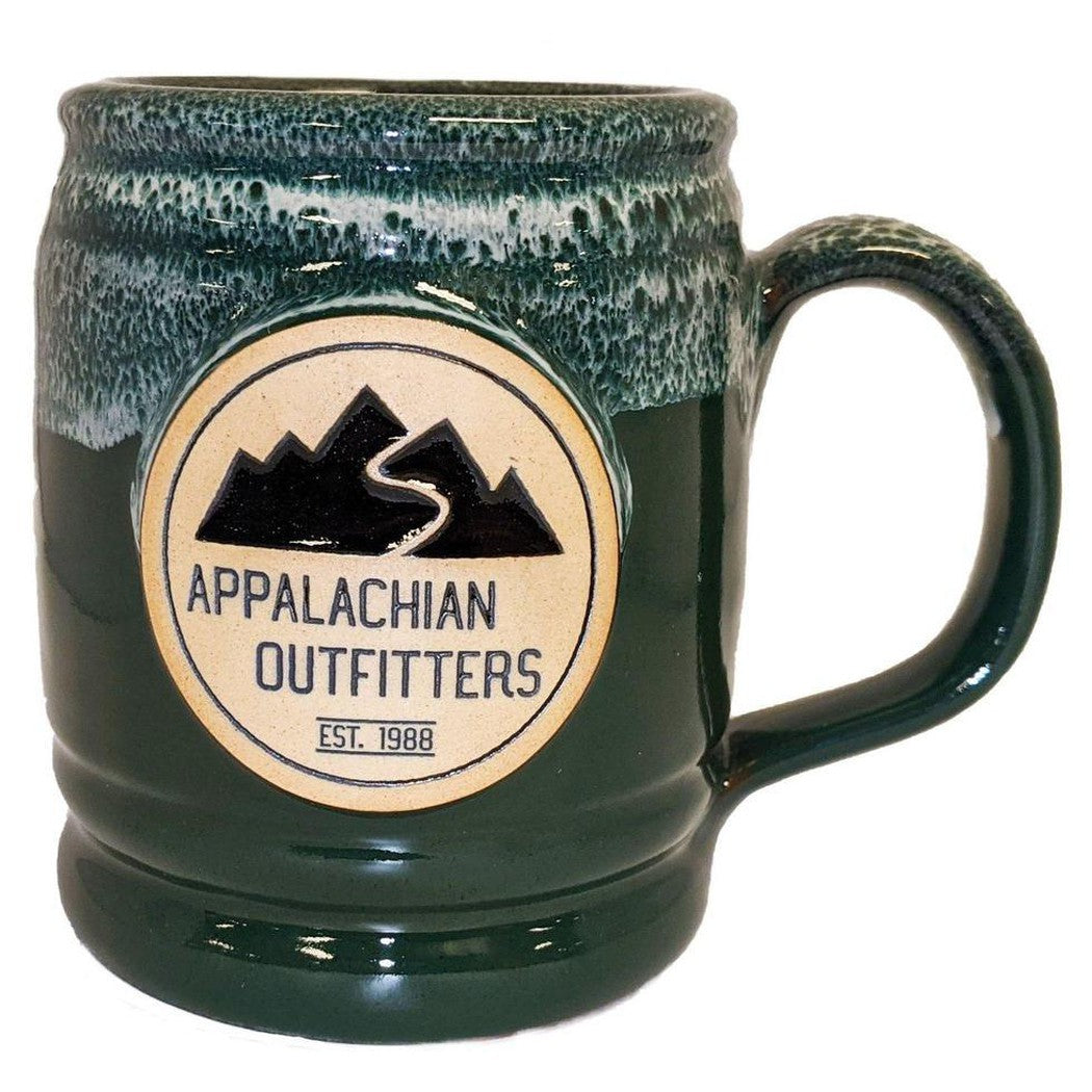 A front view of the Deneen Pottery Appalachian Outfitters Mug in Cranberry showing the logo and handle against a white background.