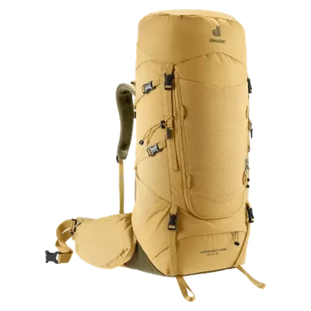 Side view of the Deuter Aircontact Core 45+10 SL backpack in Savanna Nori with a white background.