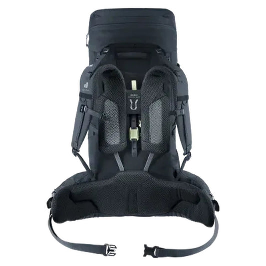 Back view of the Deuter Aircontact Core 50 + 10 backpack showing the padded back panel and waist belt against a white background.