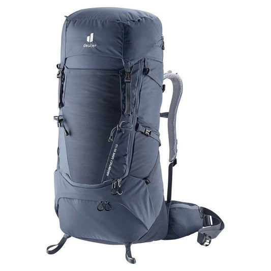 Side view of the Deuter Aircontact Core 65 + 10 in Graphite Shale showing the front pocket and shoulder straps against a white background.