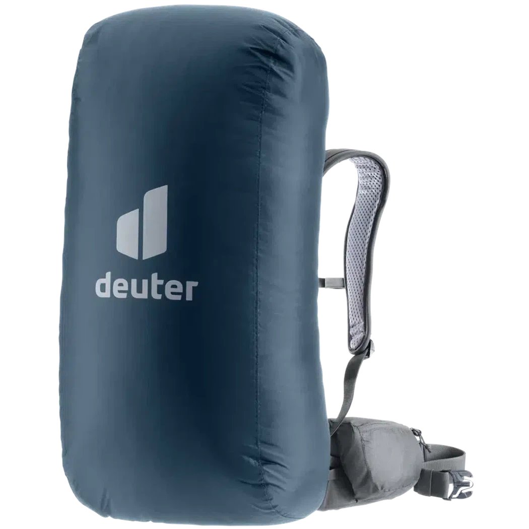 Side view of the Deuter Raincover II in Ara showing the backpack straps and mesh back panel against a white background.